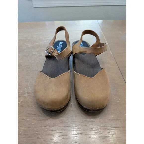Sandgrens Saragasso Classic Clogs Women's 39 Tan Leather Wooden MaryJane Swedish - Picture 3 of 11